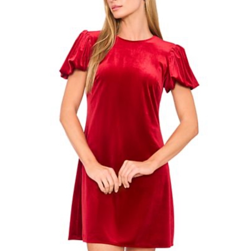 CeCe Women's Red Velvet Bubble-Sleeve Mini Dress Size Medium Christmas Party NYE